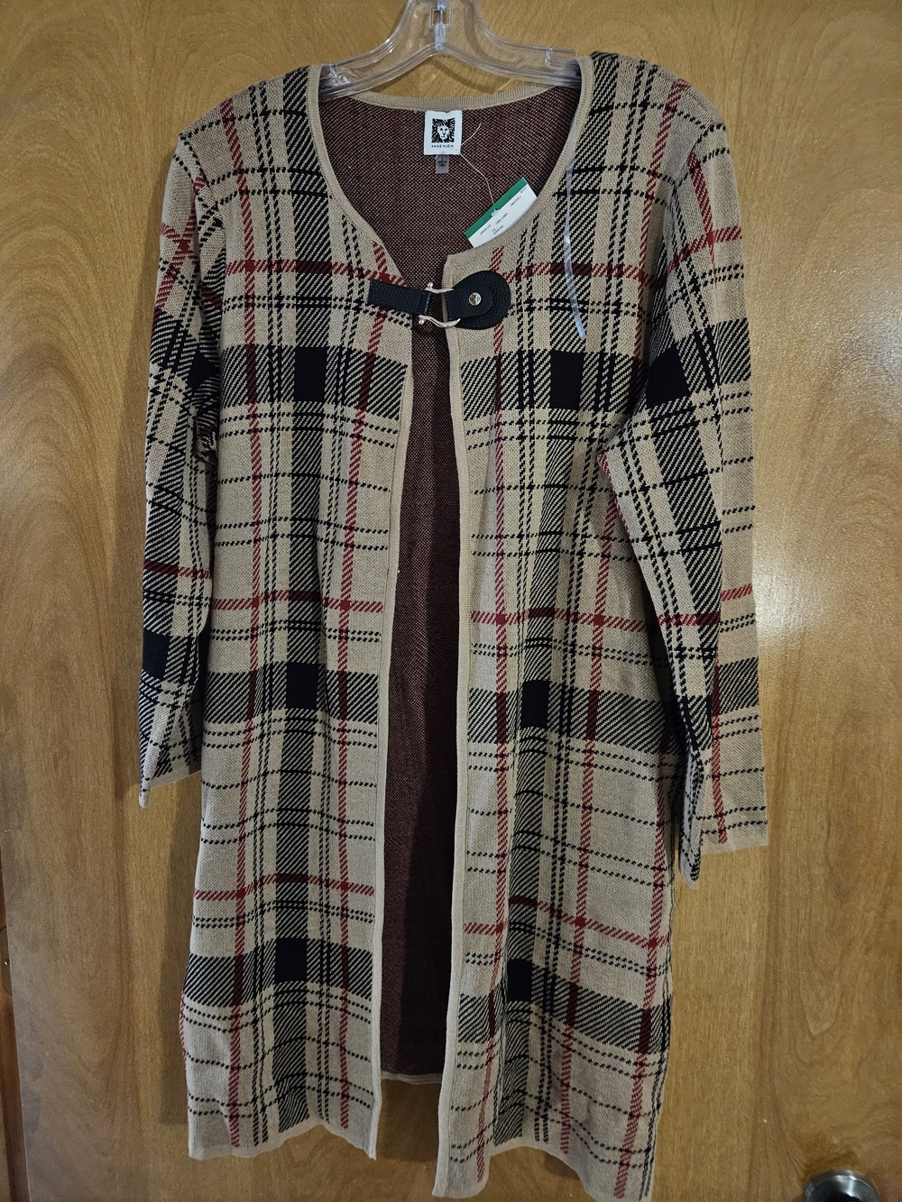 Anne Klein Beige Plaid Open-Front Cardigan with Black Toggle